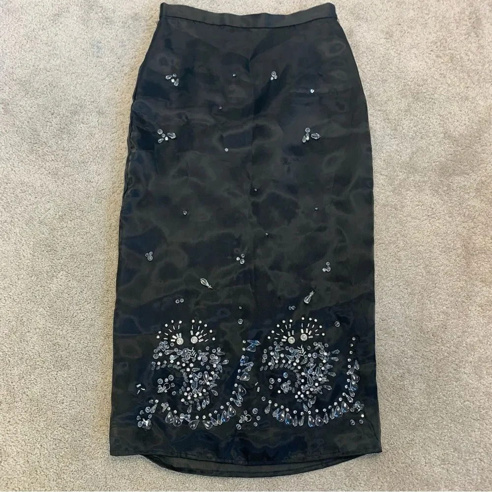 ZARA black Jewel trim satin midi skirt limited Edition Sz XS NWT